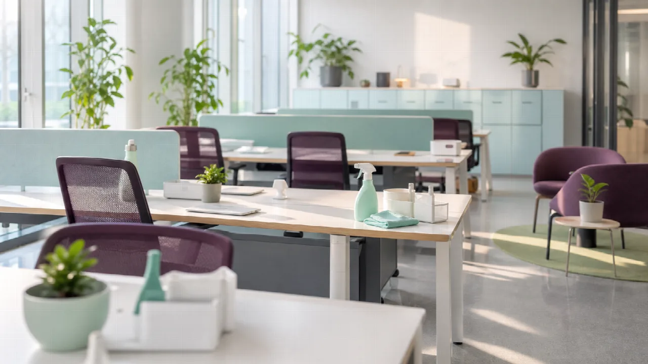 Upravená kancelářská zóna k tématu Hot desk pracoviště a péče o sdílené plochy mezi týmy